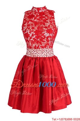 Fantastic Sleeveless Knee Length Beading and Lace Criss Cross Prom Gown with Red