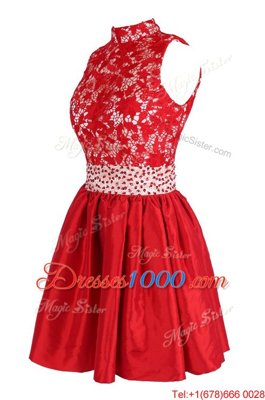 Fantastic Sleeveless Knee Length Beading and Lace Criss Cross Prom Gown with Red