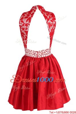 Fantastic Sleeveless Knee Length Beading and Lace Criss Cross Prom Gown with Red