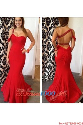 Mermaid Floor Length Red Prom Gown One Shoulder Sleeveless Criss Cross