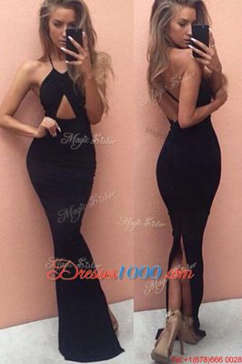 Fashionable Mermaid Halter Top Black Sleeveless Ruching Floor Length Prom Dresses