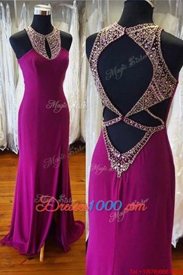 Ideal Scoop Fuchsia Sleeveless Sweep Train Beading Prom Party Dress