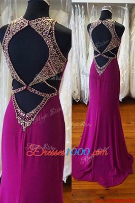 Ideal Scoop Fuchsia Sleeveless Sweep Train Beading Prom Party Dress