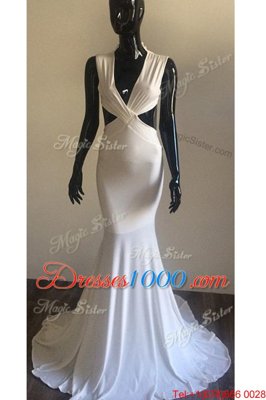 Cheap Mermaid White Prom and Party and For with Ruching V-neck Sleeveless Brush Train Backless