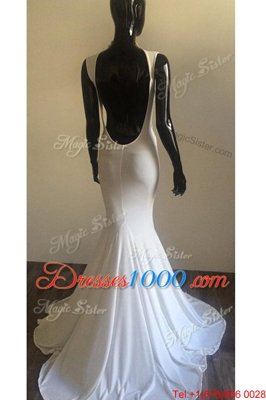 Cheap Mermaid White Prom and Party and For with Ruching V-neck Sleeveless Brush Train Backless