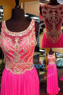 Scoop Sleeveless Elastic Woven Satin With Brush Train Side Zipper Prom Gown in Hot Pink for with Beading