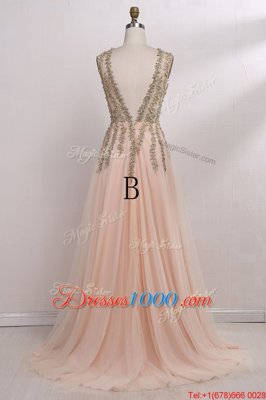 Extravagant Champagne Backless V-neck Beading Dress for Prom Tulle Sleeveless Brush Train