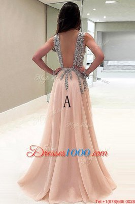 Extravagant Champagne Backless V-neck Beading Dress for Prom Tulle Sleeveless Brush Train