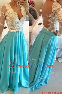Baby Blue A-line Lace Going Out Dresses Backless Chiffon Long Sleeves Floor Length