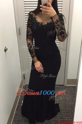 Extravagant Mermaid Long Sleeves Satin Floor Length Zipper Prom Dresses in Black for with Beading and Lace