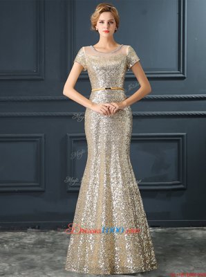 Mermaid Scoop Silver Short Sleeves Sequins and Belt Floor Length Prom Party Dress