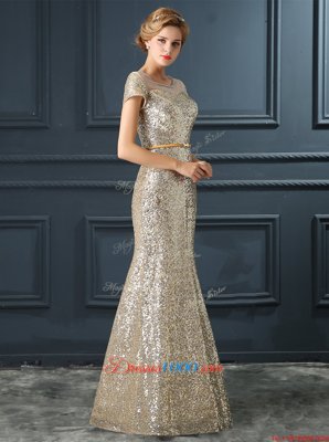 Mermaid Scoop Silver Short Sleeves Sequins and Belt Floor Length Prom Party Dress