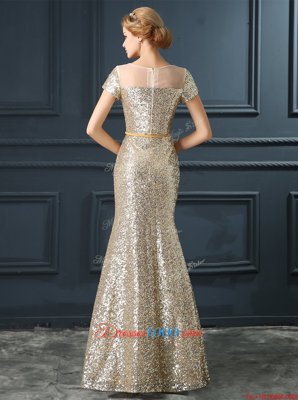 Mermaid Scoop Silver Short Sleeves Sequins and Belt Floor Length Prom Party Dress