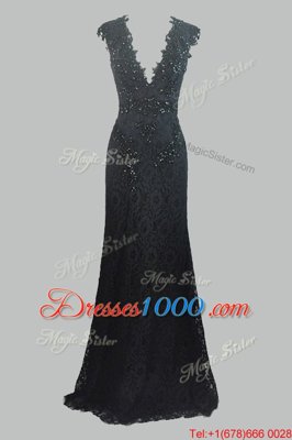 On Sale Cap Sleeves Lace Floor Length Zipper Prom Evening Gown in Black for with Beading and Lace