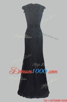 On Sale Cap Sleeves Lace Floor Length Zipper Prom Evening Gown in Black for with Beading and Lace