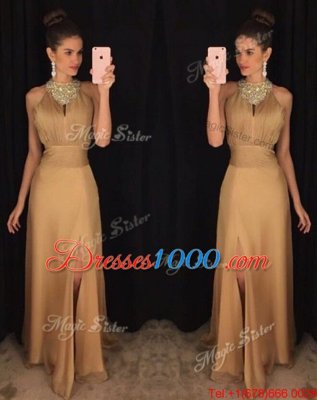 Scoop Floor Length A-line Sleeveless Gold Prom Gown Zipper