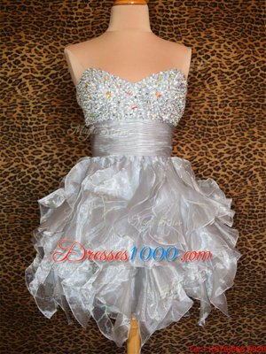 Grey Organza Lace Up Sweetheart Sleeveless Mini Length Prom Dresses Beading and Ruffles