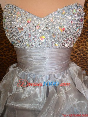 Grey Organza Lace Up Sweetheart Sleeveless Mini Length Prom Dresses Beading and Ruffles