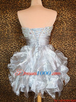 Grey Organza Lace Up Sweetheart Sleeveless Mini Length Prom Dresses Beading and Ruffles