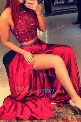 Red A-line Halter Top Sleeveless Satin Floor Length Backless Beading Prom Dresses