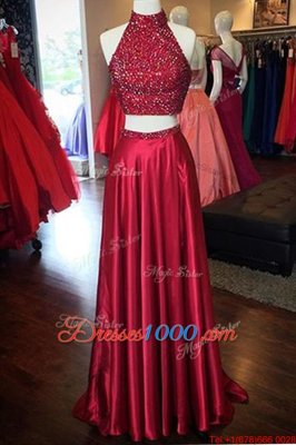 Red A-line Halter Top Sleeveless Satin Floor Length Backless Beading Prom Dresses