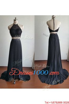 Black Halter Top Neckline Beading Prom Gown Sleeveless Zipper