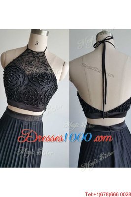 Black Halter Top Neckline Beading Prom Gown Sleeveless Zipper