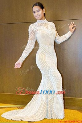 Fancy Mermaid Long Sleeves Beading Backless Prom Dresses with White Sweep Train