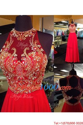 Red Sleeveless Beading and Appliques Floor Length Prom Party Dress