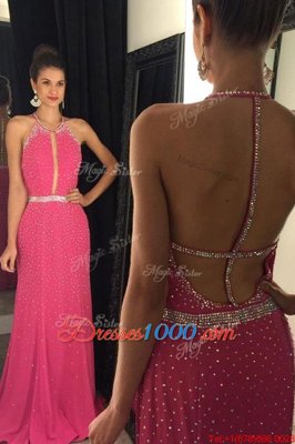 Fantastic Sweep Train Column/Sheath Prom Party Dress Hot Pink Scoop Elastic Woven Satin Sleeveless Backless
