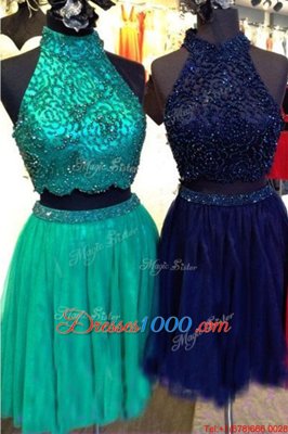 Designer Turquoise A-line Beading Cocktail Dresses Zipper Tulle Sleeveless Knee Length