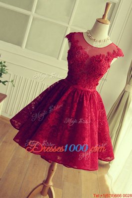 Scoop Red Cap Sleeves Knee Length Appliques Lace Up Prom Party Dress