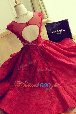 Scoop Red Cap Sleeves Knee Length Appliques Lace Up Prom Party Dress