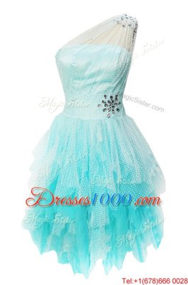 Sumptuous Tulle One Shoulder Sleeveless Side Zipper Beading Evening Dress in Aqua Blue