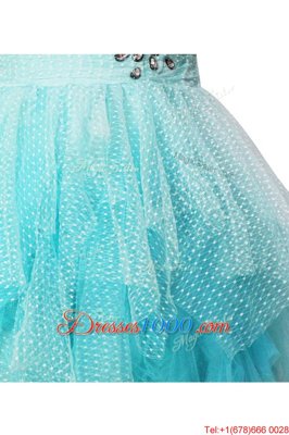 Sumptuous Tulle One Shoulder Sleeveless Side Zipper Beading Evening Dress in Aqua Blue
