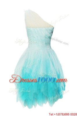 Sumptuous Tulle One Shoulder Sleeveless Side Zipper Beading Evening Dress in Aqua Blue