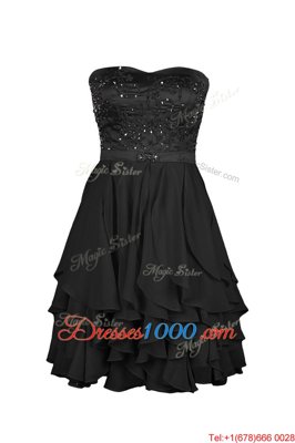 Elegant Black Chiffon Zipper Strapless Sleeveless Knee Length Prom Dress Beading and Appliques