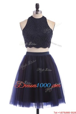 High Class Halter Top Sleeveless Tulle Knee Length Zipper Casual Dresses in Navy Blue for with Appliques