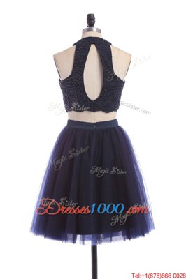 High Class Halter Top Sleeveless Tulle Knee Length Zipper Casual Dresses in Navy Blue for with Appliques