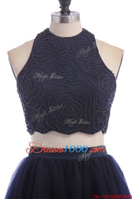 High Class Halter Top Sleeveless Tulle Knee Length Zipper Casual Dresses in Navy Blue for with Appliques