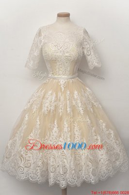 Popular Tulle Scalloped Half Sleeves Zipper Lace and Belt Prom Dress in Champagne
