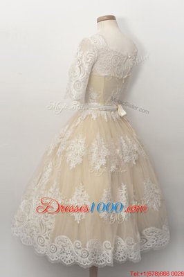 Popular Tulle Scalloped Half Sleeves Zipper Lace and Belt Prom Dress in Champagne