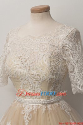 Popular Tulle Scalloped Half Sleeves Zipper Lace and Belt Prom Dress in Champagne