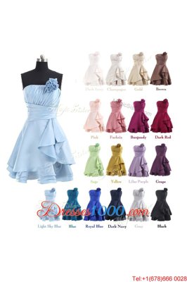 Satin Sleeveless Knee Length Homecoming Dress and Pleated and Hand Made Flower