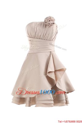 Satin Sleeveless Knee Length Homecoming Dress and Pleated and Hand Made Flower