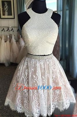 Affordable Halter Top Sleeveless Prom Party Dress Knee Length Beading and Lace White Lace