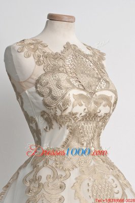 High-neck Sleeveless Zipper Prom Dress Champagne Tulle