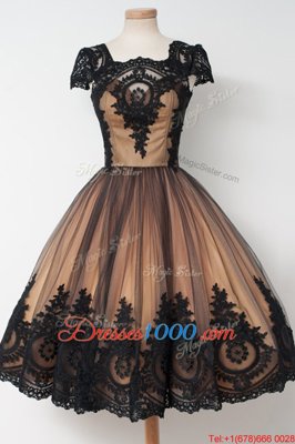 Charming Black Ball Gowns Tulle Square Cap Sleeves Lace Knee Length Zipper Homecoming Dress