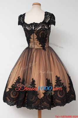 Charming Black Ball Gowns Tulle Square Cap Sleeves Lace Knee Length Zipper Homecoming Dress