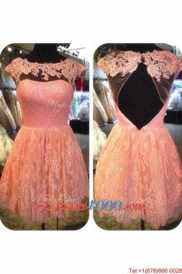 Lace Baby Pink Evening Dress Prom and For with Embroidery Scoop Cap Sleeves Backless